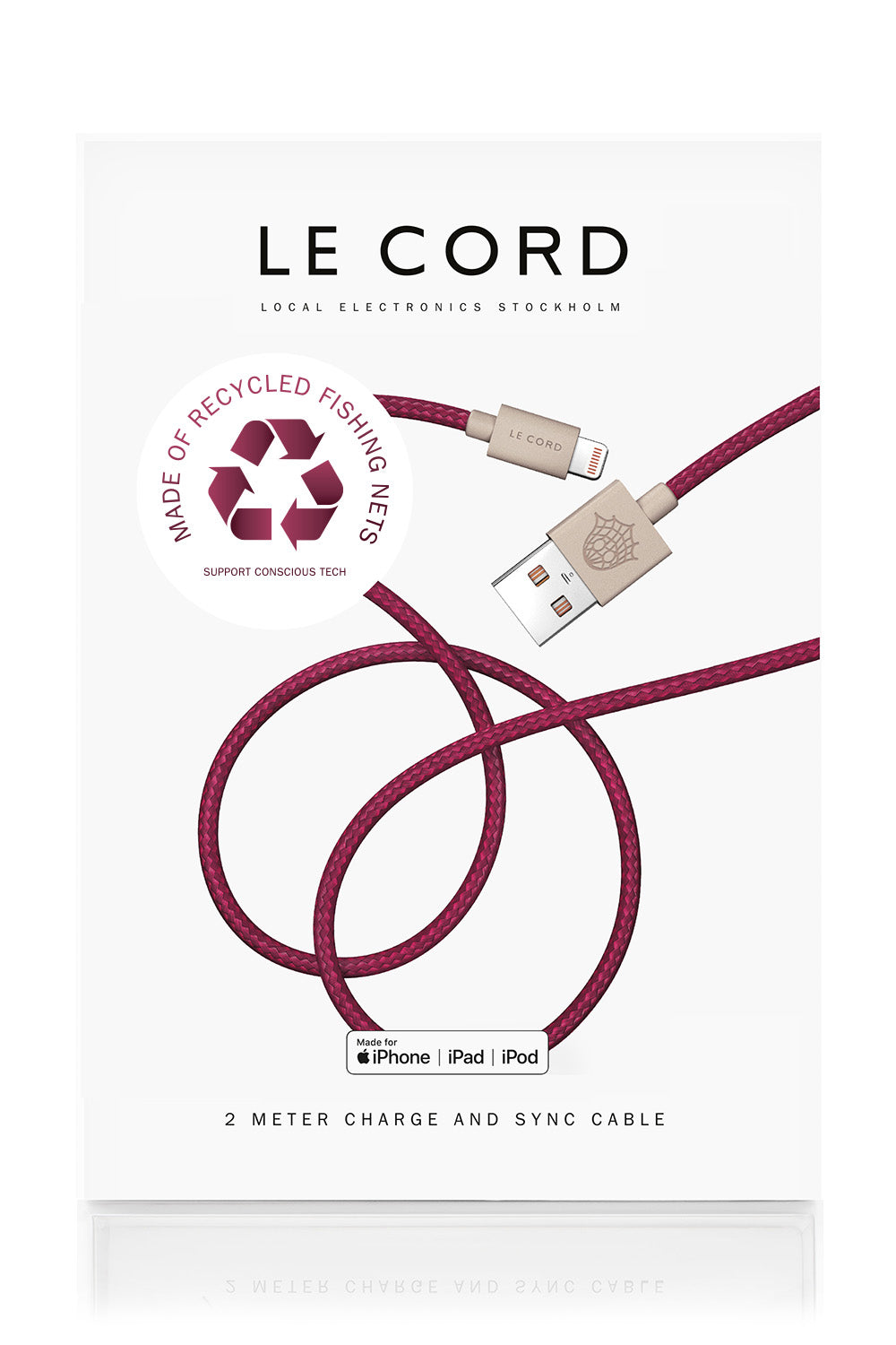 Plum iPhone Lightning cable · 2 meter · Made of recycled fishing nets-0